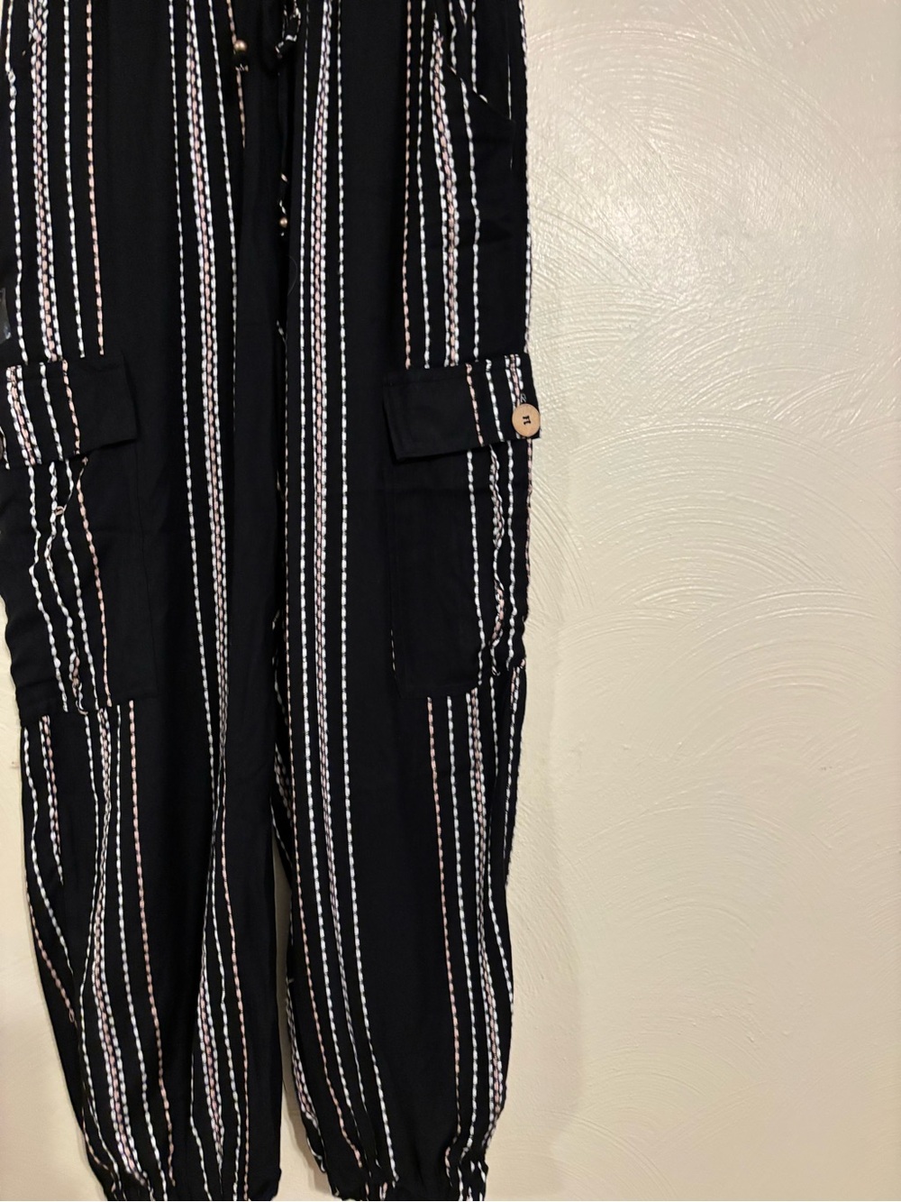 Angie Black Striped Rayon Cargo Jogger Pants Boho Size M - Picture 7 of 9